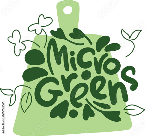 Microgreens lettering on cutting board shape. Ideal for healthy eating and kitchen design. Minimalistic simple illustration on white background.