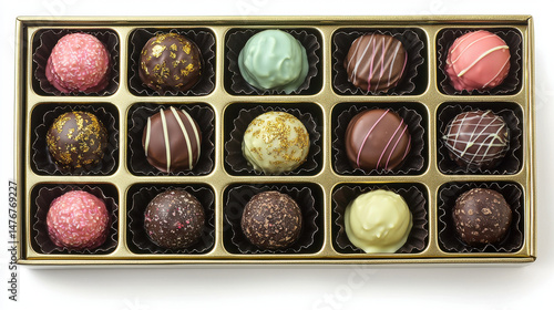 Gourmet chocolate truffles in decorative box display