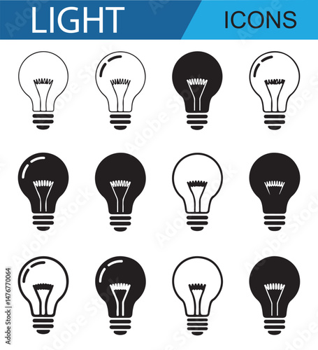  Set of Silhouettes of Light Bulbs – Black and White Icons Representing Illumination, Ideas, and Energy