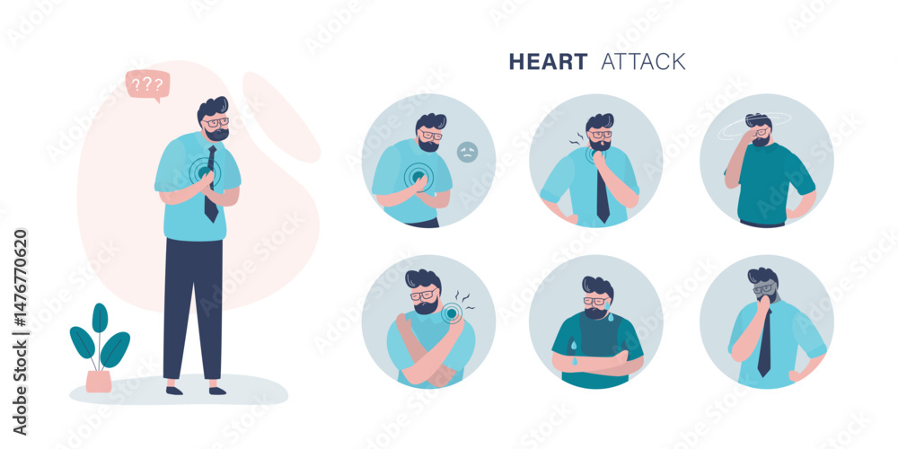 Fototapeta premium Male character with heart attack symptoms. Dyspnea, panic attack, chest pain, excessive sweating. Infographic banner of heart attack symptoms and risk factors.