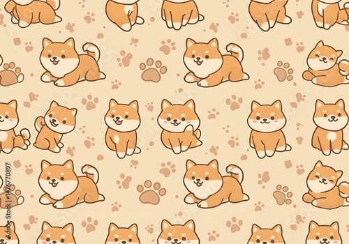 Cute Cartoon Shiba Inu Dog Paw Print Seamless Pattern