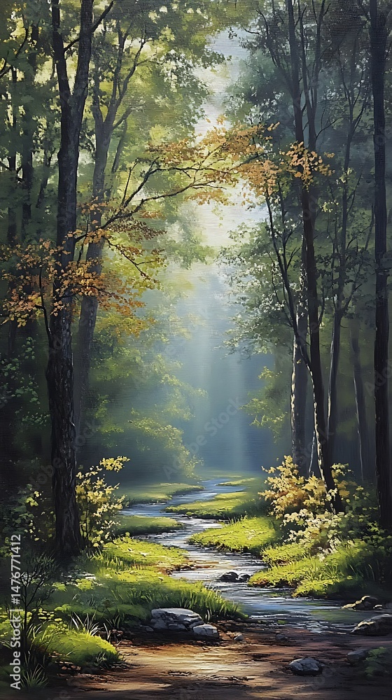 Fototapeta premium Sunlit forest scene depicting a winding pathway