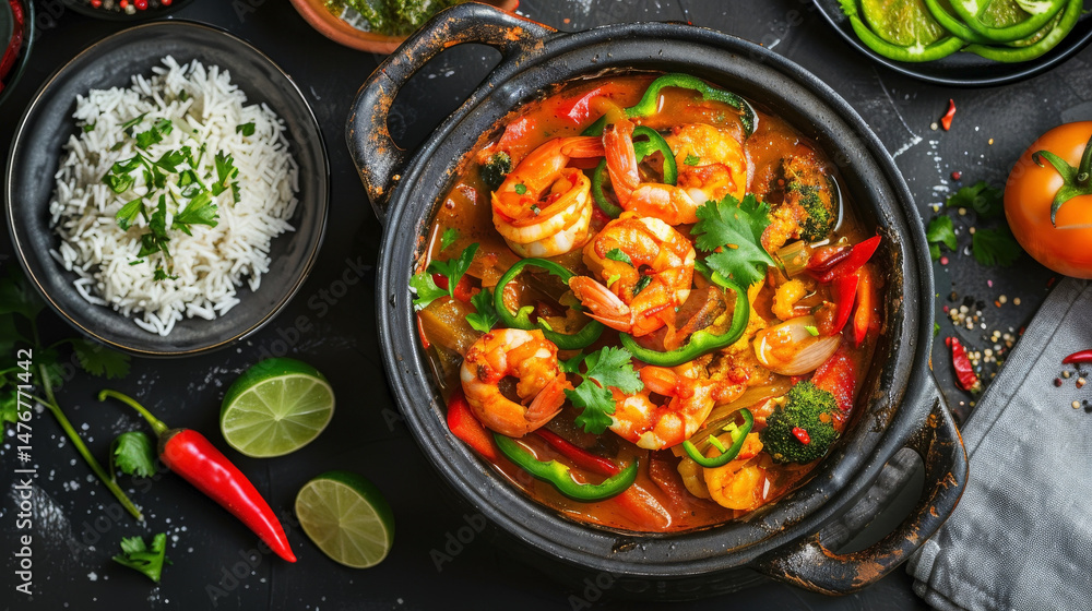 Top-down view of Moqueca in a clay pot, with seafood, bell peppers, tomatoes, cilantro, rice, and lime wedges, presented vibrantly Top-down view of Moqueca in a clay pot, with seafood, bell peppers, tomatoes, cilantro, rice, and lime wedges, presented vibrantly