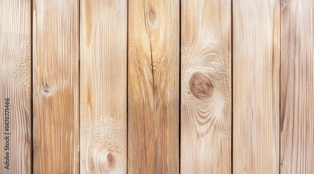 Naklejka premium Light beige wooden planks, close-up view, vertical grain, natural wood texture, displaying knots and wood grain patterns
