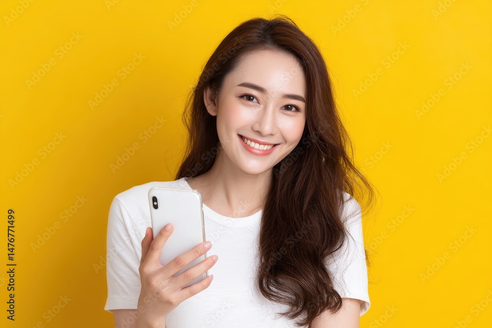 Smiling Woman with Smartphone: Vibrant Yellow Background Portrait Smiling Woman with Smartphone: Vibrant Yellow Background Portrait