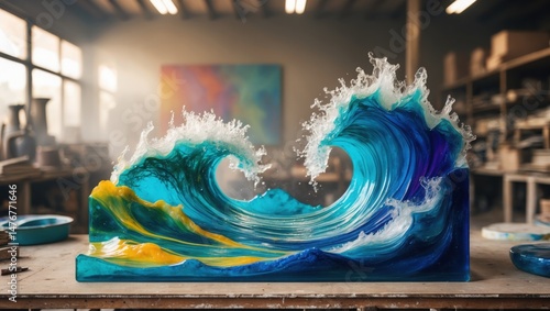 Epoxy Resin Wave Art Sculpture on Table. blue, yellow, white colors. artistic decoration