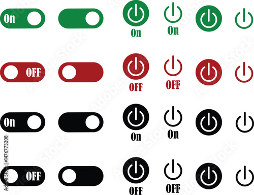 Power on or off button icon set. Turn on and turn off switch button. On and off toggle switch buttons. On and off vector with red and green color collection isolated on transparent background.