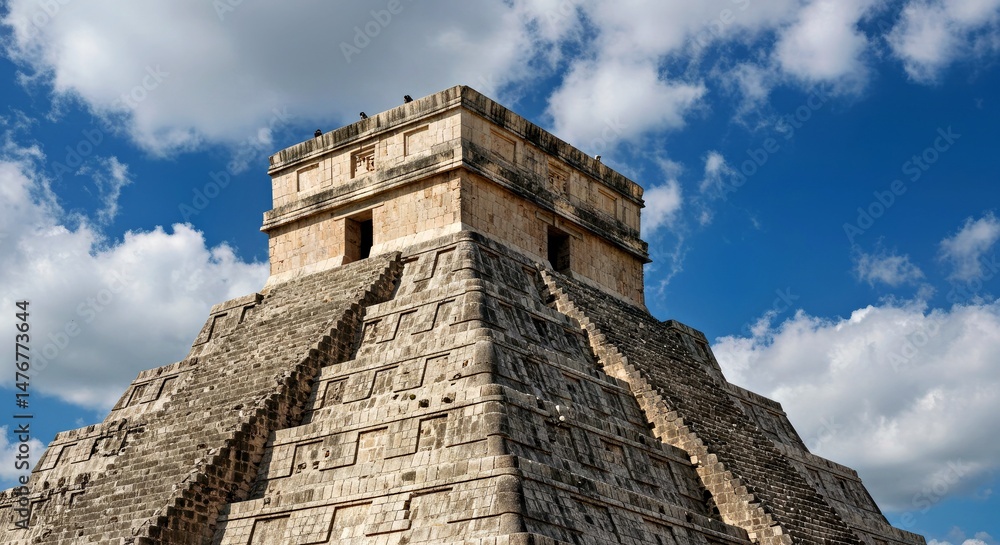 El Castillo Temple: Low Angle Against Blue Sky with Clouds El Castillo Temple: Low Angle Against Blue Sky with Clouds