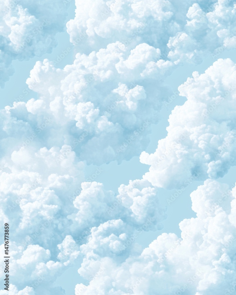 Naklejka premium Aerial View of Fluffy White Clouds Against a Pale Blue Sky Seamless Pattern Design Nature Background Wallpaper Texture Soft Pastel Colors