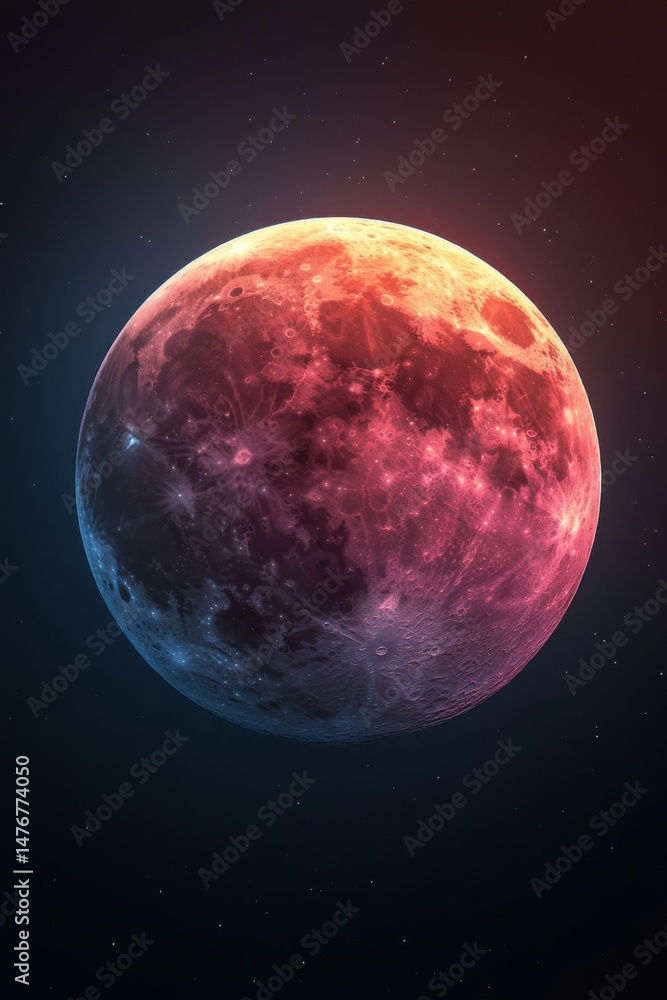 Full Moon Rising in Outer Space with Red and Blue Glow Artistic Rendering Close Up View Full Moon Rising in Outer Space with Red and Blue Glow Artistic Rendering Close Up View