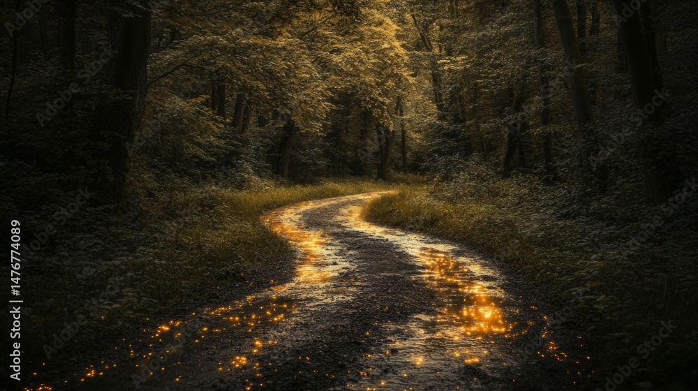 Fototapeta premium Magical Forest Path with Golden Sparkling Stream
