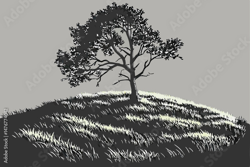 128 spherical miniature landscape, lush green grass, solitary tree, dramatic lighting, cinematic composition, digital art, hyperrealistic, high definition