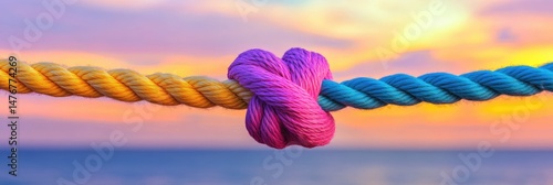 Colorful ropes tied together at sunset. A vibrant knot unites two different colored ropes against a soft, colorful sunset backdrop
