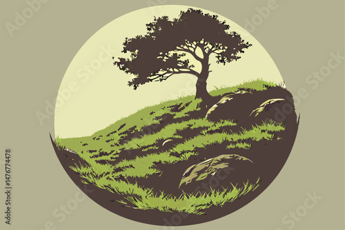 128 spherical miniature landscape, lush green grass, solitary tree, dramatic lighting, cinematic composition, digital art, hyperrealistic, high definition