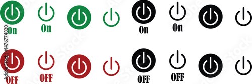 Power on or off button icon set. Turn on and turn off switch button. On and off toggle switch buttons. On and off vector with red and green color collection isolated on transparent background.