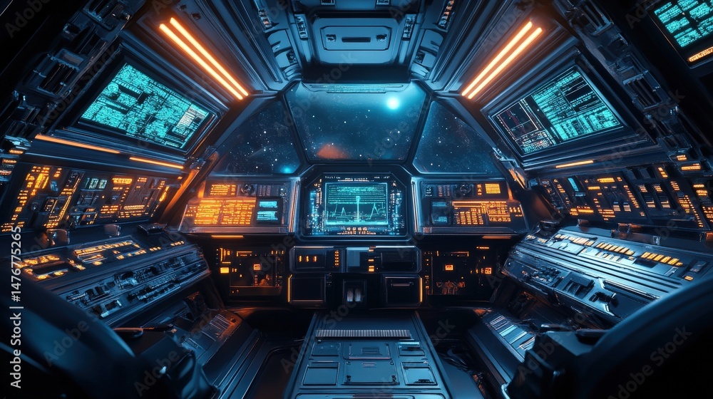 Fototapeta premium Futuristic spaceship cockpit interior view.