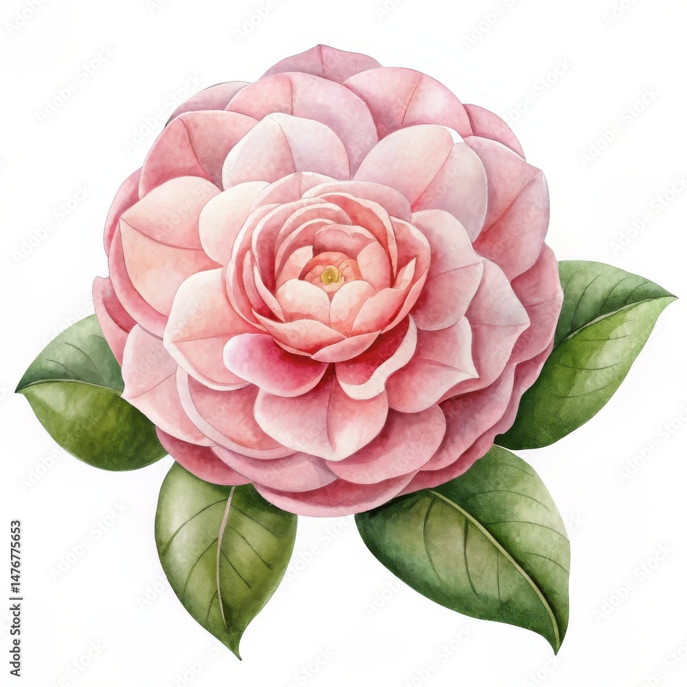 Watercolor painting of a delicate pink camellia flower with lush green leaves on white Watercolor painting of a delicate pink camellia flower with lush green leaves on white
