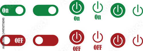 Power on or off button icon set. Turn on and turn off switch button. On and off toggle switch buttons. On and off vector with red and green color collection isolated on transparent background.