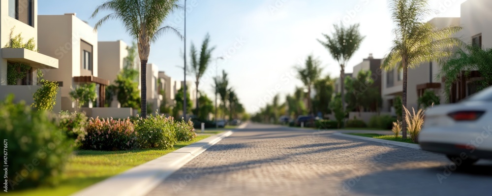 Fototapeta premium Modern residential street lined with beige homes and lush landscaping