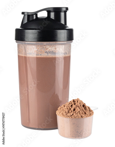 A shaker bottle filled with chocolate protein shake and a scoop of protein powder beside it.