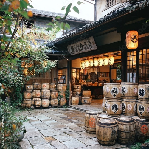 Traditional Japanese sake barrels stacked outside a wooden building, with a stone path and plants surrounding the courtyard. Generative by AI.
