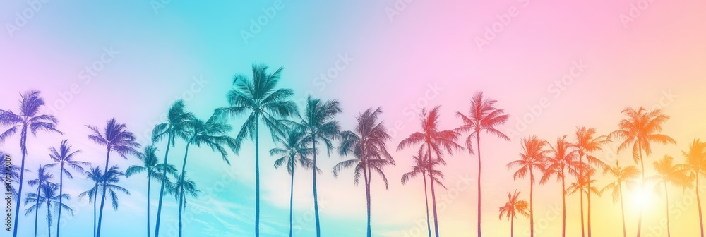 Obraz premium Silhouetted palm trees against a vibrant pastel sunset