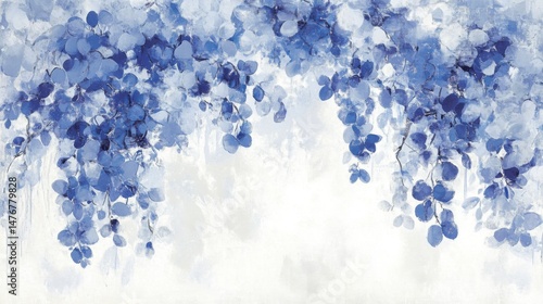 Artistic Impression of Blue Leaves Hanging Down in an Abstract Style Painting with a White Background
