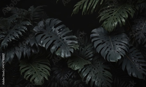 Dark tropical leaves, black background, exotic foliage, midnight, exotic