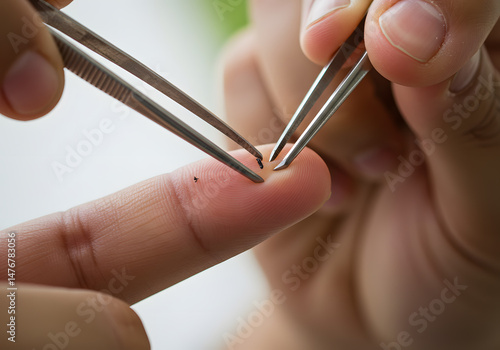 Removing small object from finger with tweezers