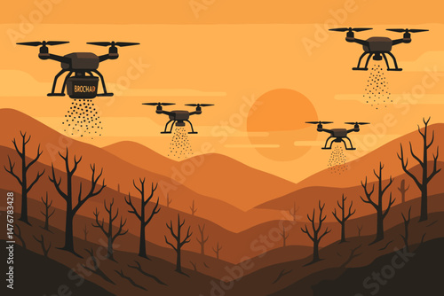 Flat climate‑tech scene with drone clouds, char dust, and red sky