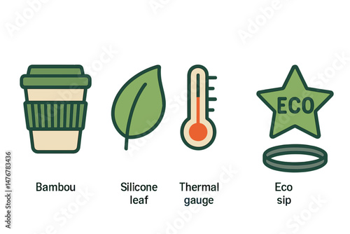 Drinkware‑eco icons linking mug, lid, gauge, ring, star