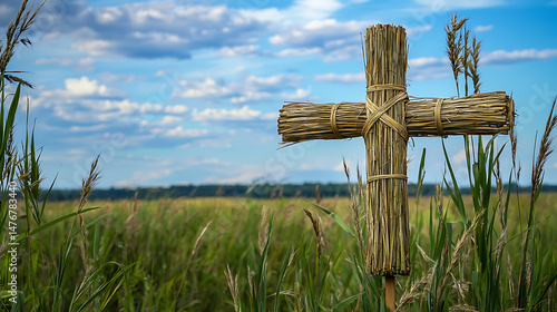 Fototapeta Naklejka Na Ścianę i Meble -  A cross made of sticks is in a field of tall grass