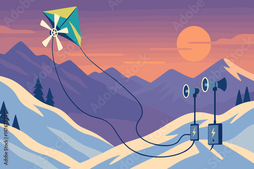 Flat safety‑tech scene with kite line, siren towers, and purple sky