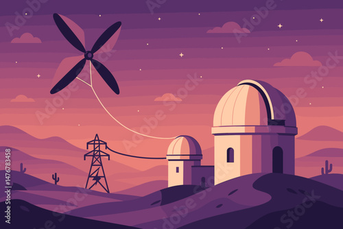 Flat night‑tech scene with kite cable, telescope domes, and purple desert sky