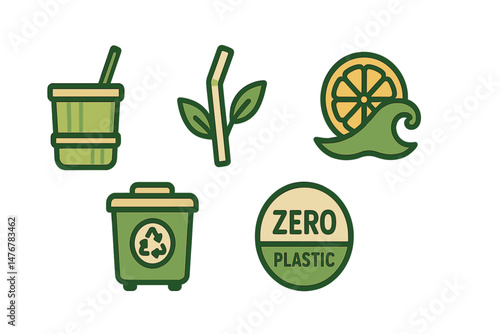 Event‑eco icons linking cup, straw, wave, bin, badge