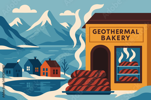 Flat food‑tech scene with pink twists, steam vents, and blue fjord