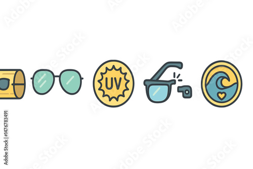 Eyewear‑eco icons linking case, lens, badge, hinge, coin