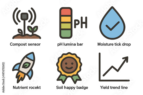 Garden‑IoT icons linking beacon, bar, drop, rocket, badge, line