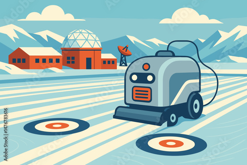 Flat winter‑tech scene with e‑groomer, rink lights, and snow huts