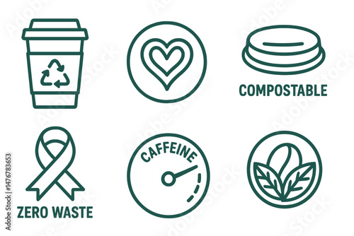 Café‑eco icons linking cup, heart, cap, ribbon, dial, emblem
