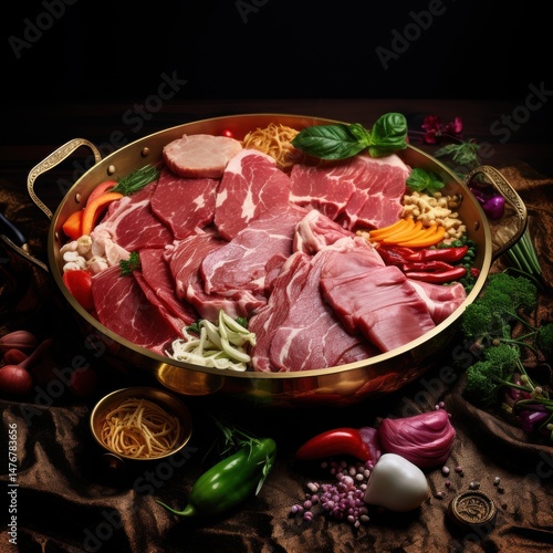 Fresh Sliced Raw Meat and Vegetables in Gold Bowl