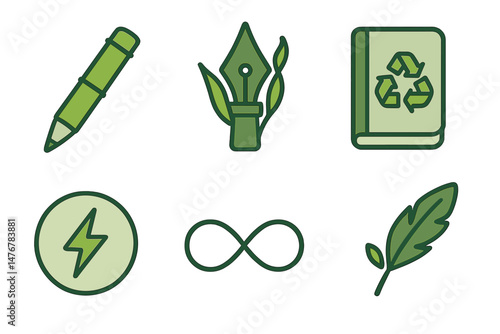 Stationery‑eco icons linking pen, nib, diary, lightning, loop, sign