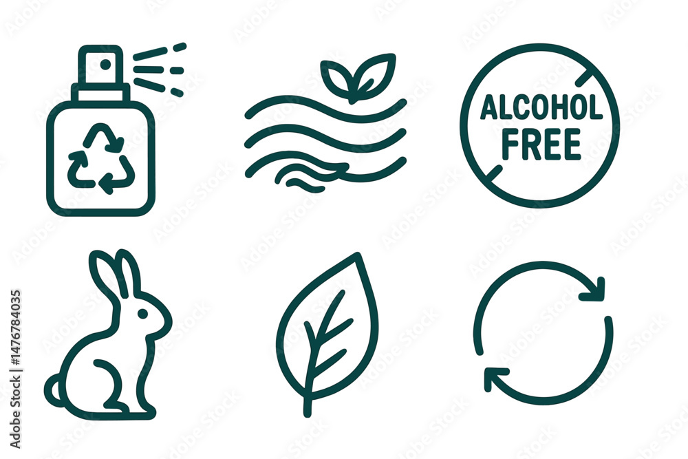 Fototapeta premium Perfume‑eco icons showing spritz, wave, badge, bunny, leaf, swirl