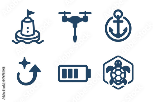 Buoy‑tech icons linking hub, screwdriver, ring, sparkle, meter, badge