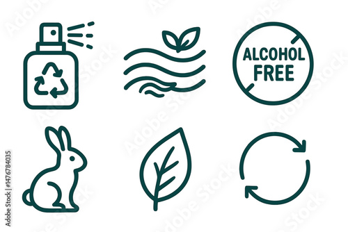Perfume‑eco icons showing spritz, wave, badge, bunny, leaf, swirl