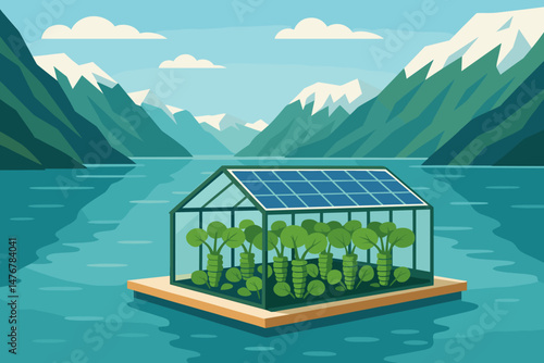 Flat ag‑tech scene with PV rafts, wasabi beds, and turquoise fjord