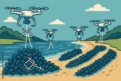 Flat marine‑tech scene with drone filament, mussel lines, and wave spray
