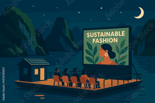 Flat culture‑green scene with PV screen raft, island cliffs, and audience boats