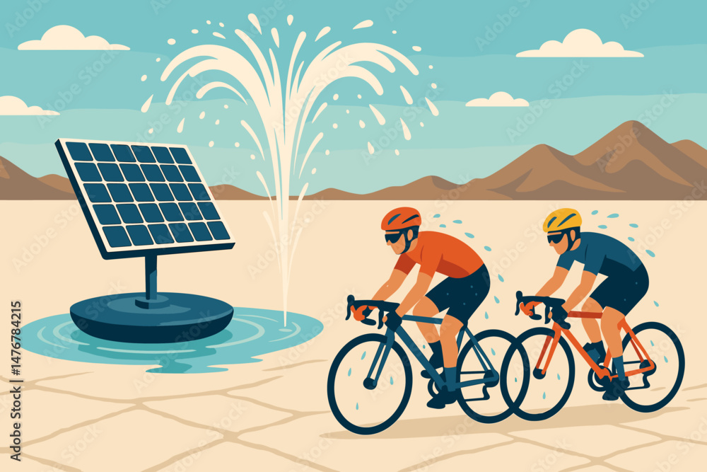 Fototapeta premium Flat sport‑tech scene with PV canopy, mist arcs, cyclists, and white salt