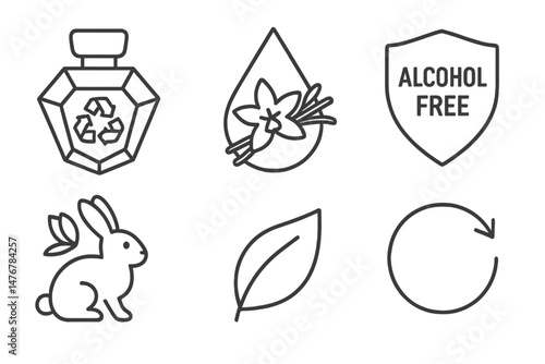 Fragrance‑eco icons merging jewel, droplet, crest, bunny, leaf, arrow